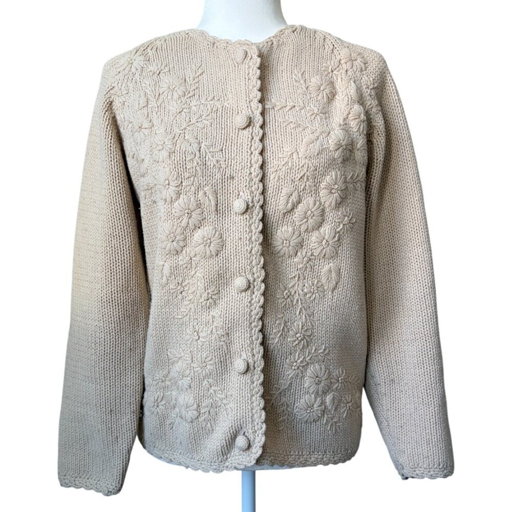 Vintage Cream Floral Knit Cardigan Granny Sweater Cottagecore Coquette Medium